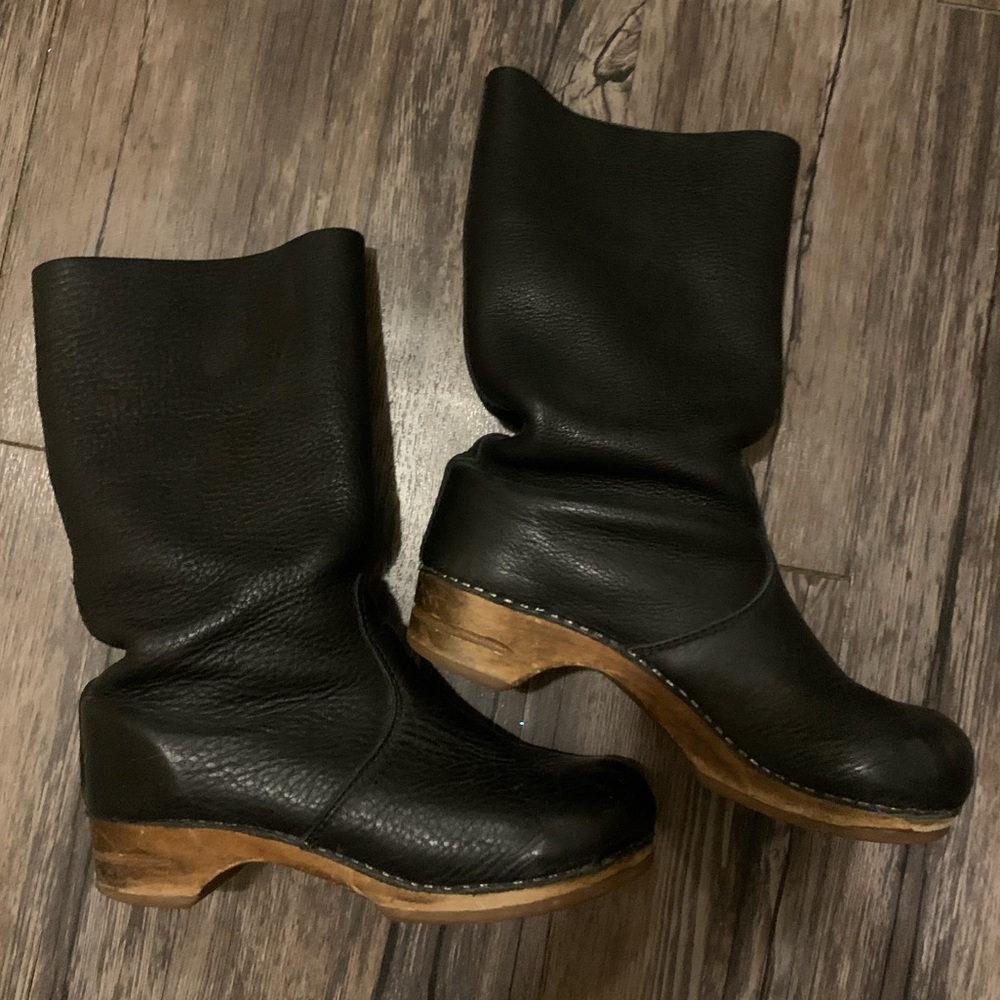 Black leather wooden clog boots